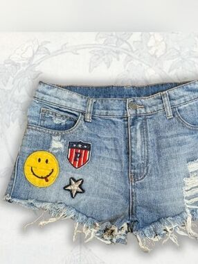 Denim Co Light Blue Distressed Jean Shorts with Patch Details